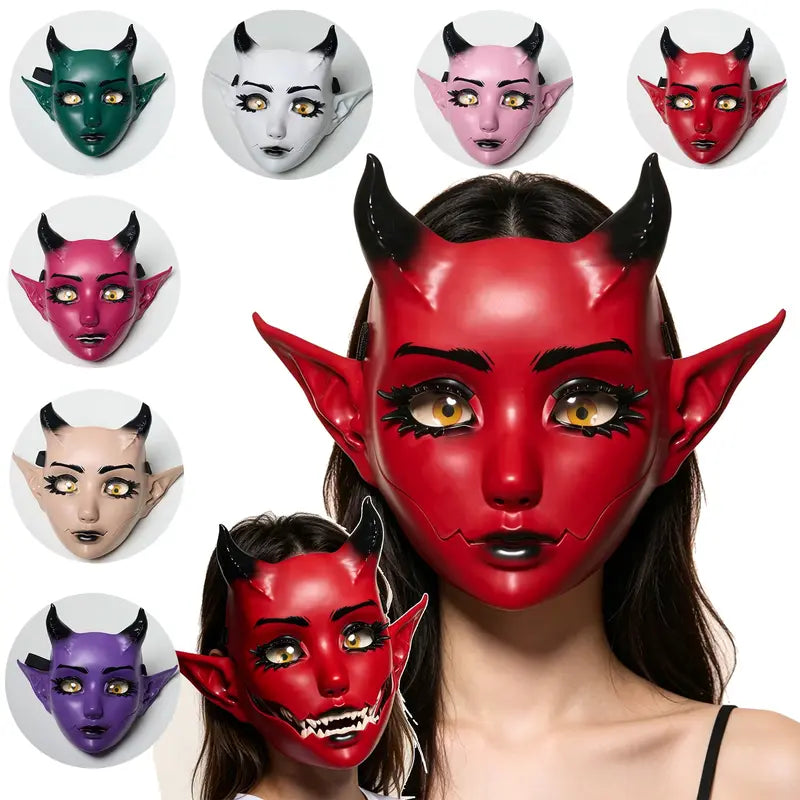 3D Moving Mouth Demon Full-Face Mask, Horned Elf Halloween Cosplay Mask