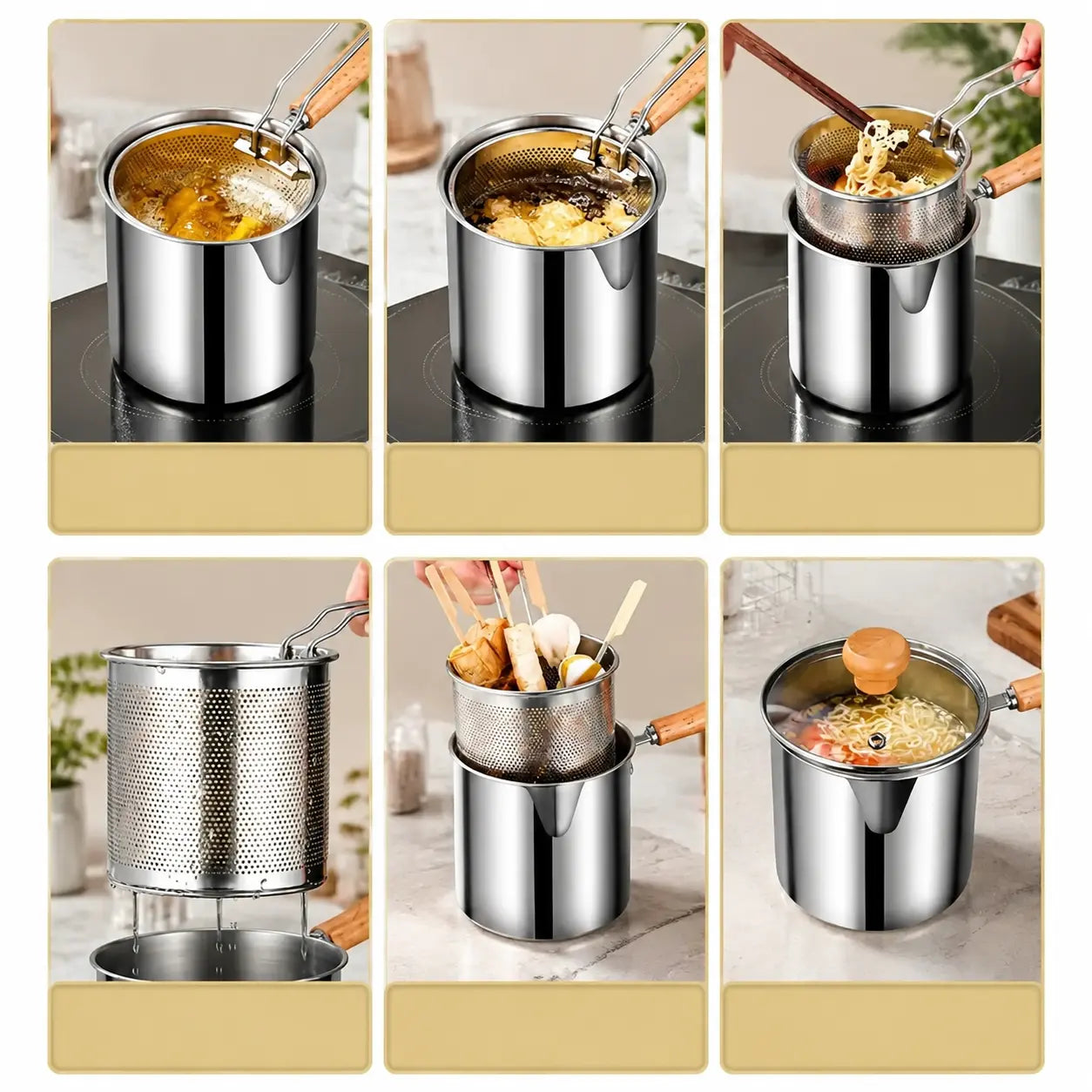 3Pcs Stainless Steel Deep Fryer Set 1-Person Mini Pot with Fry Pot, Filter Basket & Food Clip, Rust-Resistant Portable Cookware for Home Kitchen Chips, Chicken Wings