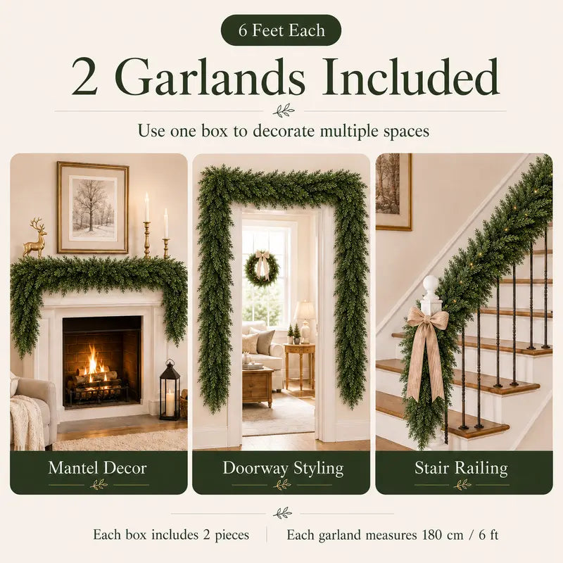 6 FT 2 Pcs Artificial Cedar Garlands, Real Touch Winter Cedar Garland, Green Artificial Greenery Pine Garland for Table, Mantle, Wall, Indoor, Outdoor Christmas Decorations