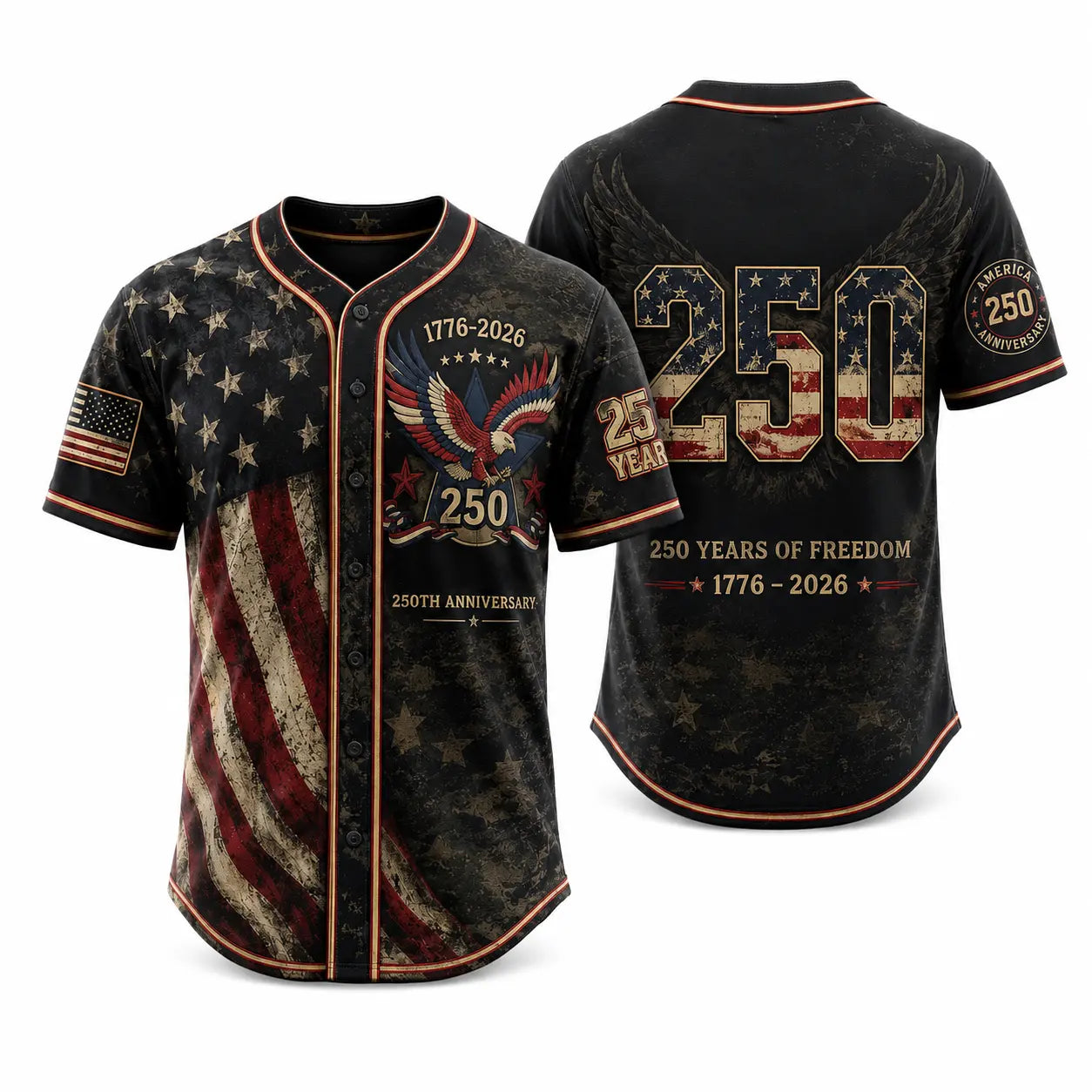 Patriotic Baseball Jersey — 250th Anniversary 1776-2026 Distressed American Flag Eagle Graphic
