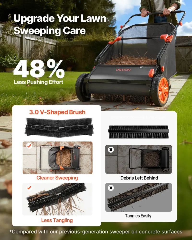VEVOR 26-Inch Push Lawn Sweeper - 7 Cu. Ft. Hopper Bag Leaf & Grass Collector