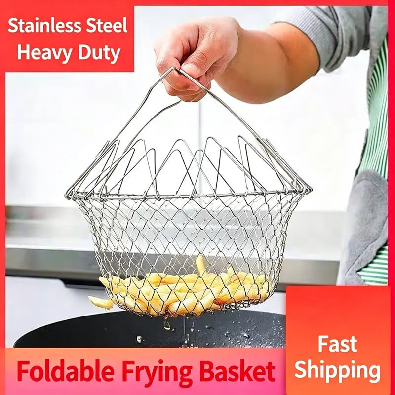 Stainless Steel Deep Fry Basket - Foldable Oil-Draining Strainer for French Fries & Chicken Nuggets