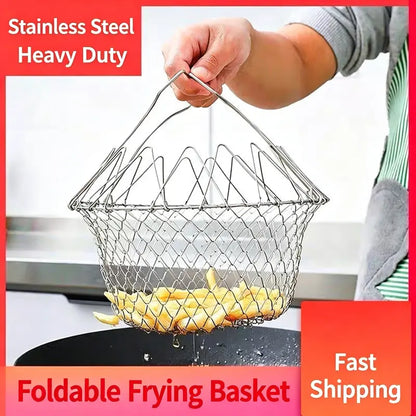 Stainless Steel Deep Fry Basket - Foldable Oil-Draining Strainer for French Fries & Chicken Nuggets