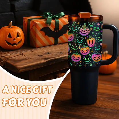 Halloween Glow in the Dark Tumbler with Handle & Straw – Pumpkin Pattern Insulated Travel Mug for Coffee, Water & Cold Drinks