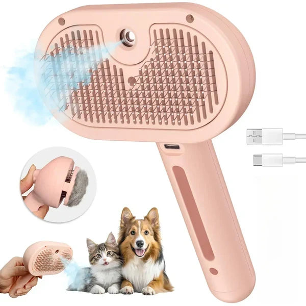 3-in-1 Steam Pet Grooming Brush – Self-Cleaning, Anti-Static Mist, Bionic Anti-Scratch Pins | Dogs & Cats (White)