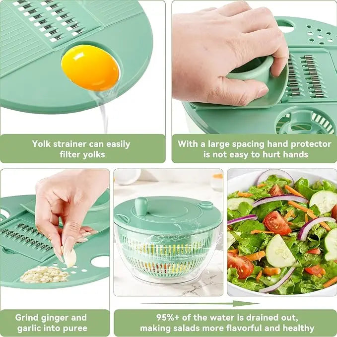 UFORU Large 3-in-1 Salad Spinner, Vegetable & Fruit Washing Bowl with Strainer, 5-Blade Slicer, 5.3 Qt