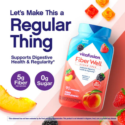 Vitafusion Fiber Well Sugar Free Fiber Gummies, Berry & Peach, 90 Count
