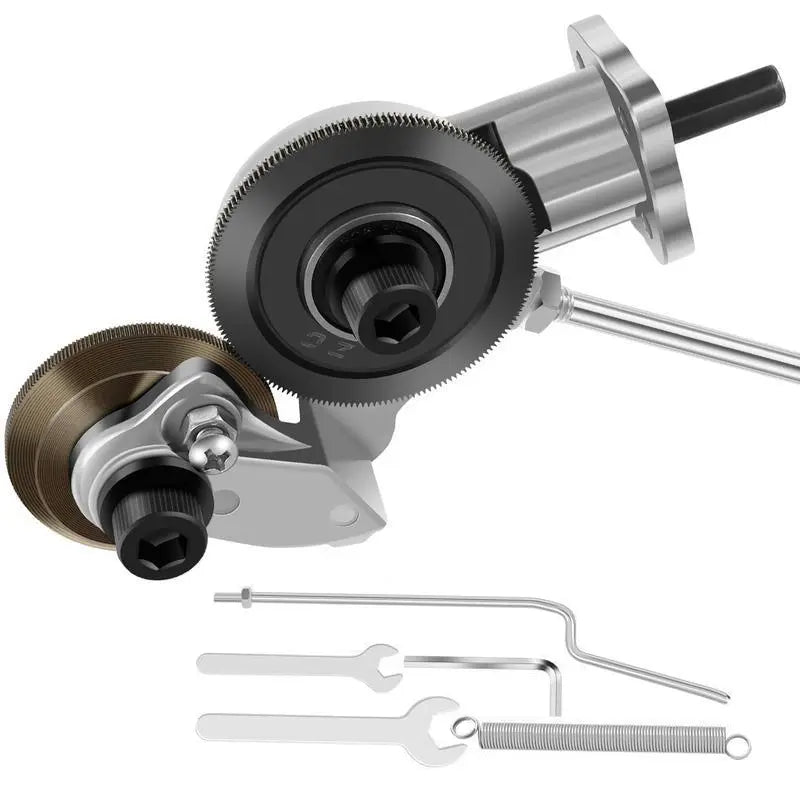 Drill nibbler attachment product shot with hex shank, wrench, Allen key, spring and spare punch pin on white background