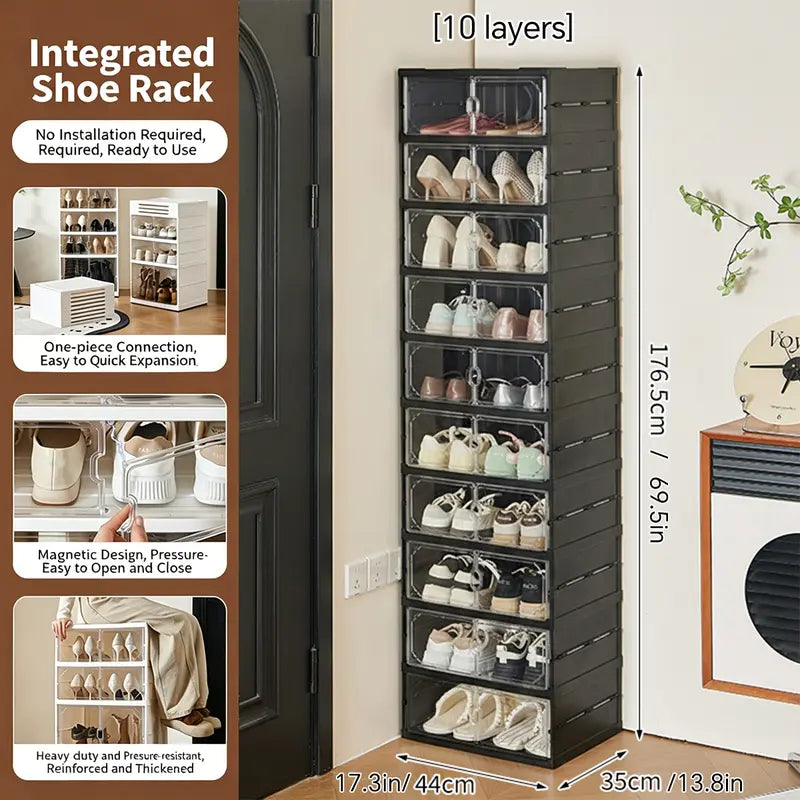 MiAoLi 10-Layer Folding Shoe Rack Organizer, Sturdy Plastic Cabinet with Transparent Door Snap & Quick Close, Stacks to Save Space, 20-Pair Capacity, No-Installation, Simple Indoor Furniture (Resists Daily Wear)