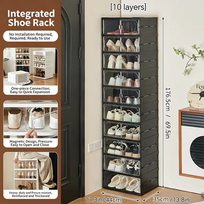 MiAoLi 10-Layer Folding Shoe Rack Organizer, Sturdy Plastic Cabinet with Transparent Door Snap & Quick Close, Stacks to Save Space, 20-Pair Capacity, No-Installation, Simple Indoor Furniture (Resists Daily Wear)