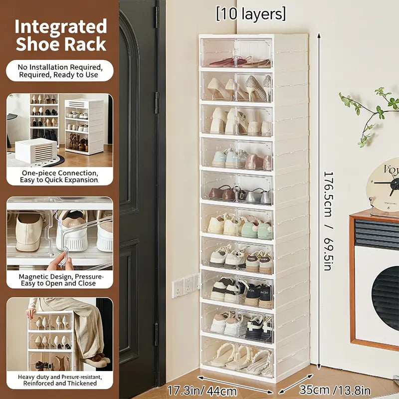 MiAoLi 10-Layer Folding Shoe Rack Organizer, Sturdy Plastic Cabinet with Transparent Door Snap & Quick Close, Stacks to Save Space, 20-Pair Capacity, No-Installation, Simple Indoor Furniture (Resists Daily Wear)