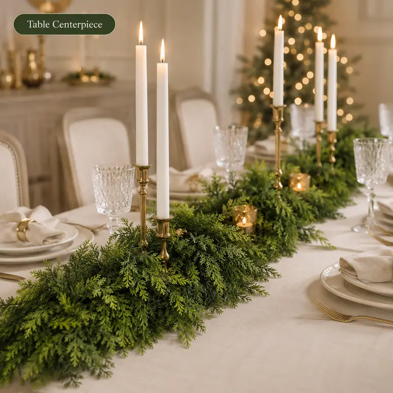 6 FT 2 Pcs Artificial Cedar Garlands, Real Touch Winter Cedar Garland, Green Artificial Greenery Pine Garland for Table, Mantle, Wall, Indoor, Outdoor Christmas Decorations