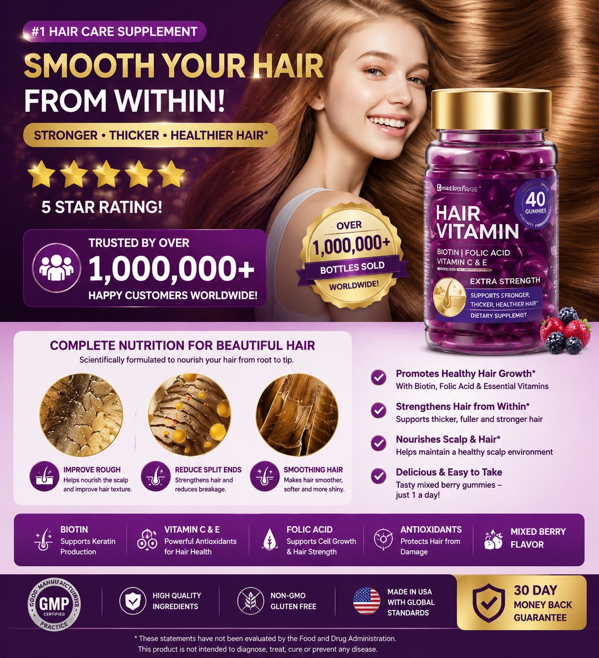 BARUBT Hair Vitamin Oil Capsules – Moroccan Oil, Jojoba, Keratin, Vitamins A C E | 40 Capsules, Repairs Dry Frizzy Damaged Hair