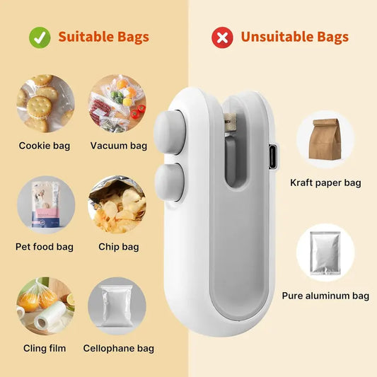 2-in-1 Rechargeable Mini Bag Sealer with Cutter – USB-C, Heat Seal + Blade, Keeps Food Fresh | Portable Snack Bag Sealer
