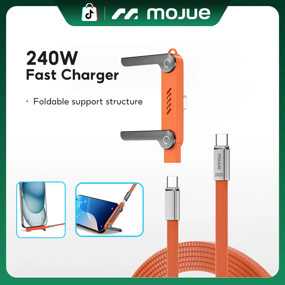MOJUE 240W Invisible Stand Fast Charging Cable, USB-C to USB-C Flat Cable 90° Angled (4.9FT) — iPhone 15/16/17 & Samsung Compatible