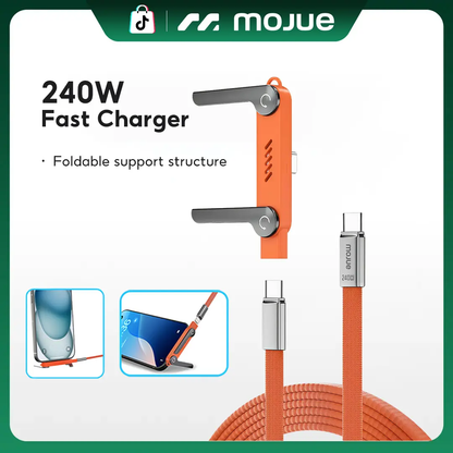 MOJUE 240W Invisible Stand Fast Charging Cable, USB-C to USB-C Flat Cable 90° Angled (4.9FT) — iPhone 15/16/17 & Samsung Compatible
