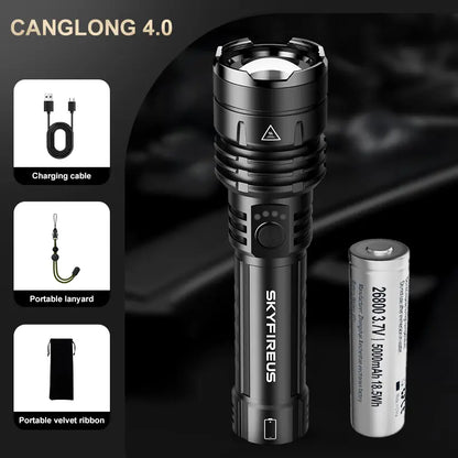 SKYFIRE 1376 Rechargeable LED Tactical Flashlight - 1500 Lumens, Zoomable, 5 Modes, Waterproof