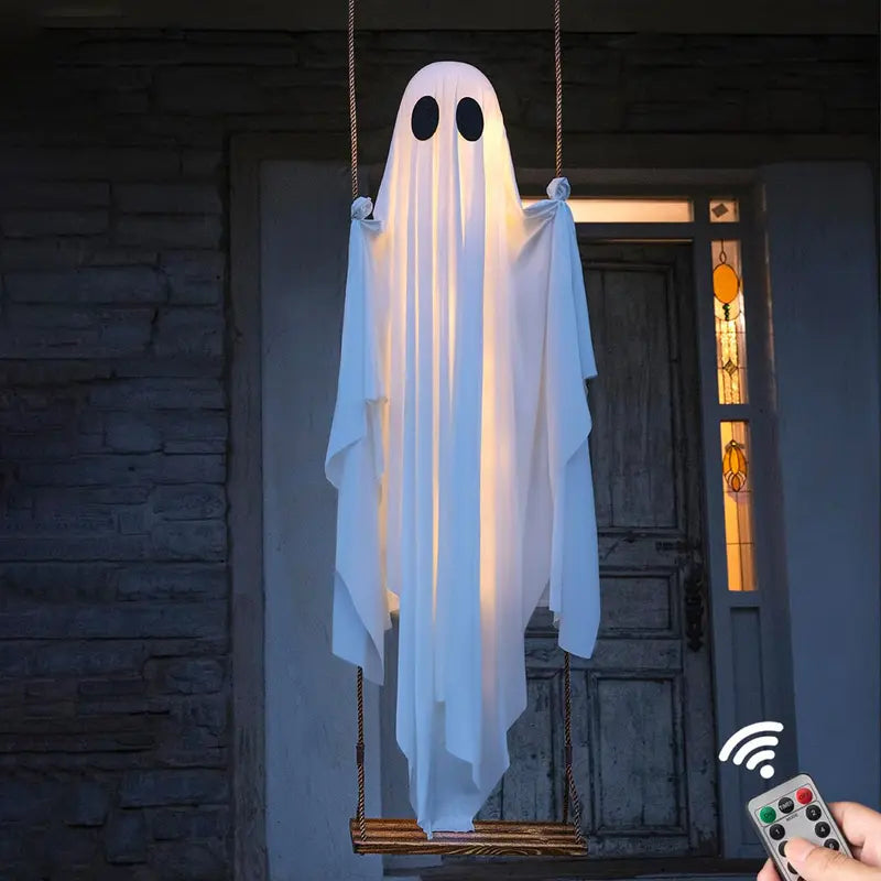 5 Feet Large Hanging Swing Spooky Ghost Halloween Decoration with LED String Lights