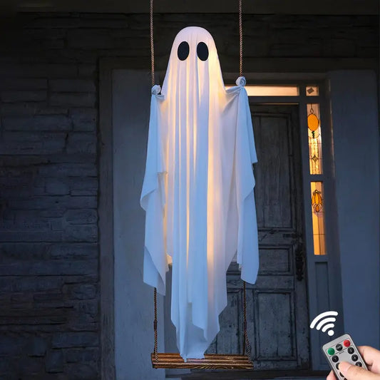 5 Feet Large Hanging Swing Spooky Ghost Halloween Decoration with LED String Lights
