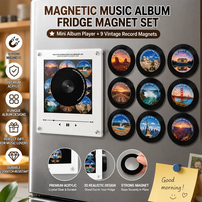 Magnetic Vinyl Speaker Fridge Magnet with 9 Swappable Discs - Retro Acrylic Record Player, Home Decor Gift