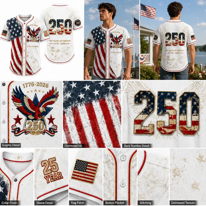 Patriotic Baseball Jersey — 250th Anniversary 1776-2026 Distressed American Flag Eagle Graphic