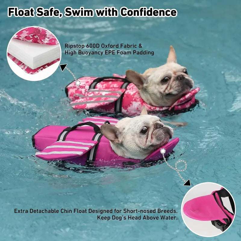 Cute Wings Dog Life Jacket – Adjustable Reflective Swim Vest with Chin Float & Handle