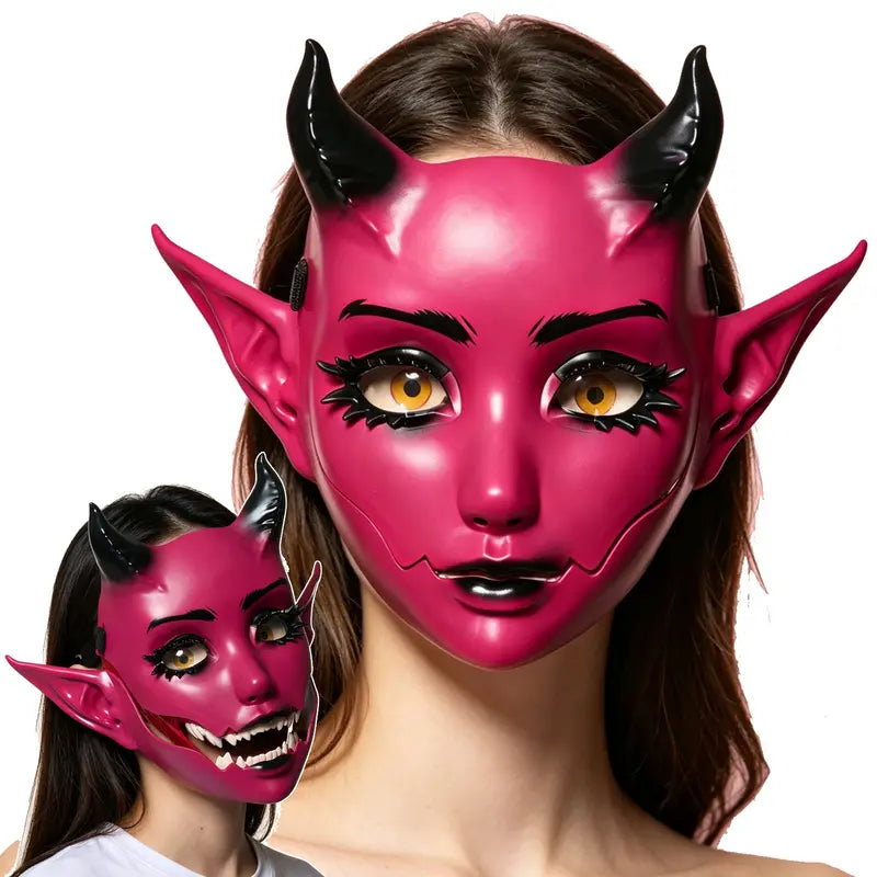 3D Moving Mouth Demon Full-Face Mask, Horned Elf Halloween Cosplay Mask