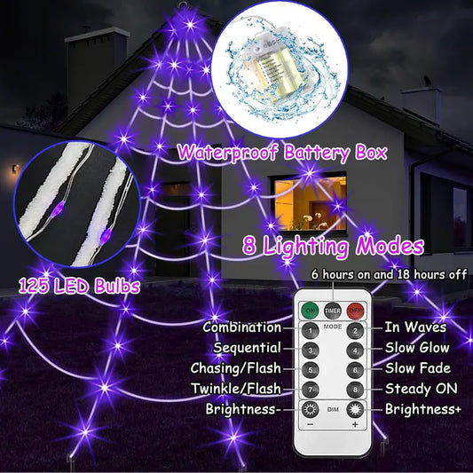 Spider Web Halloween Decorations Outdoor Lights, 125 Purple LED 16.4Ft Giant Spiderweb