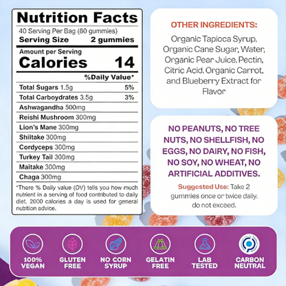 Organic Mushroom Gummies -Lions Mane Mushroom Supplement Gummies- Immune Defense, Boosts Cognitive Performance - 80 Gummies