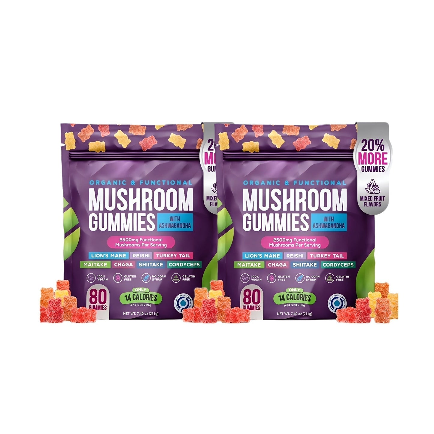 Organic Mushroom Gummies -Lions Mane Mushroom Supplement Gummies- Immune Defense, Boosts Cognitive Performance - 80 Gummies