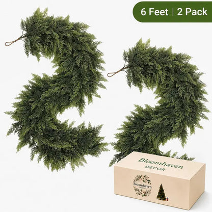 6 FT 2 Pcs Artificial Cedar Garlands, Real Touch Winter Cedar Garland, Green Artificial Greenery Pine Garland for Table, Mantle, Wall, Indoor, Outdoor Christmas Decorations