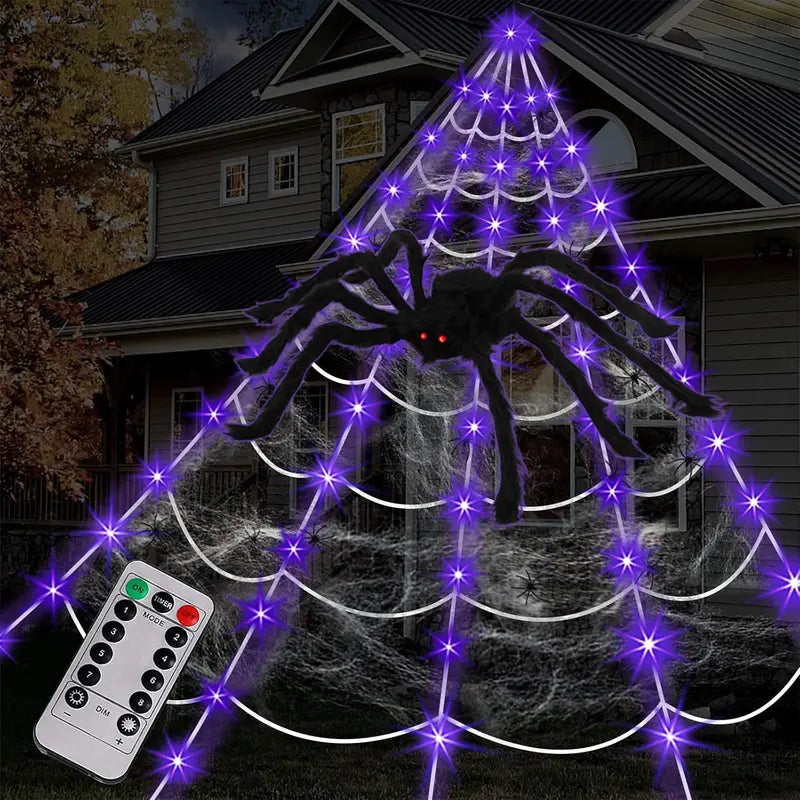 Spider Web Halloween Decorations Outdoor Lights, 125 Purple LED 16.4Ft Giant Spiderweb