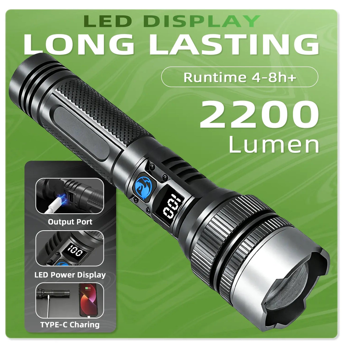 2-in-1 Strong Flashlight (Power Bank), Digital display ofpower, Rechargeable, Zoomable,, X4Waterproof,Adjustable Brightness Flash Light for Outdoor, Emergency,Camping Accessories, Black DealsForYouDays outdoorfun
