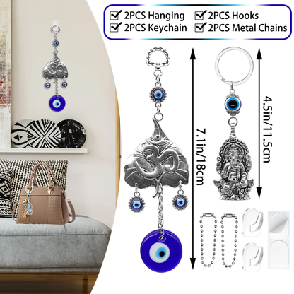 Hindu OM Evil Eye Car Hanging Ganesha Charms Set - Lord Ganesha Idol, Turkish Nazar Amulet, Car Mirror & Keychain Accessories