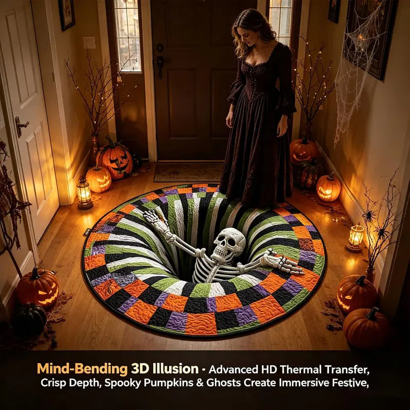 Halloween 3D Skeleton Vortex Quilted Illusion Round Rug