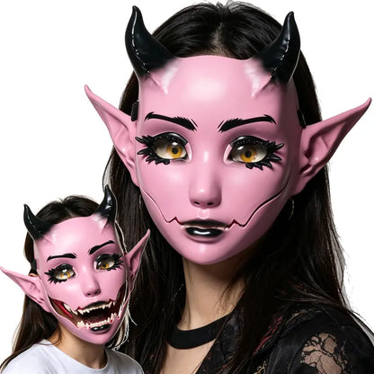 3D Moving Mouth Demon Full-Face Mask, Horned Elf Halloween Cosplay Mask