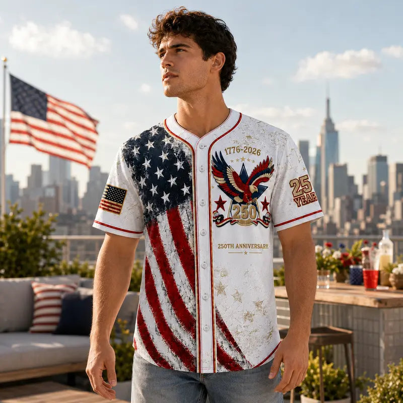Patriotic Baseball Jersey — 250th Anniversary 1776-2026 Distressed American Flag Eagle Graphic