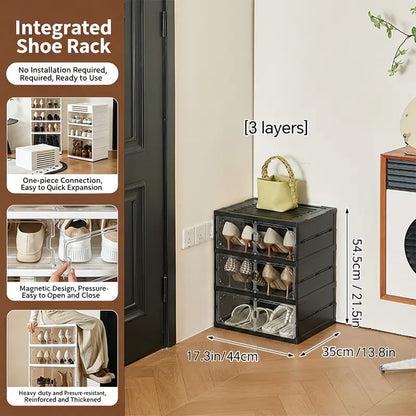 MiAoLi 10-Layer Folding Shoe Rack Organizer, Sturdy Plastic Cabinet with Transparent Door Snap & Quick Close, Stacks to Save Space, 20-Pair Capacity, No-Installation, Simple Indoor Furniture (Resists Daily Wear)