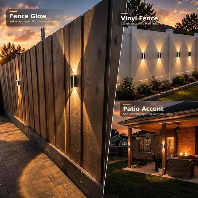 DERAYSION solar wall light infographic showing solar powered, up & down lighting, auto on/off, multi-color, IP65 waterproof, and long working time features