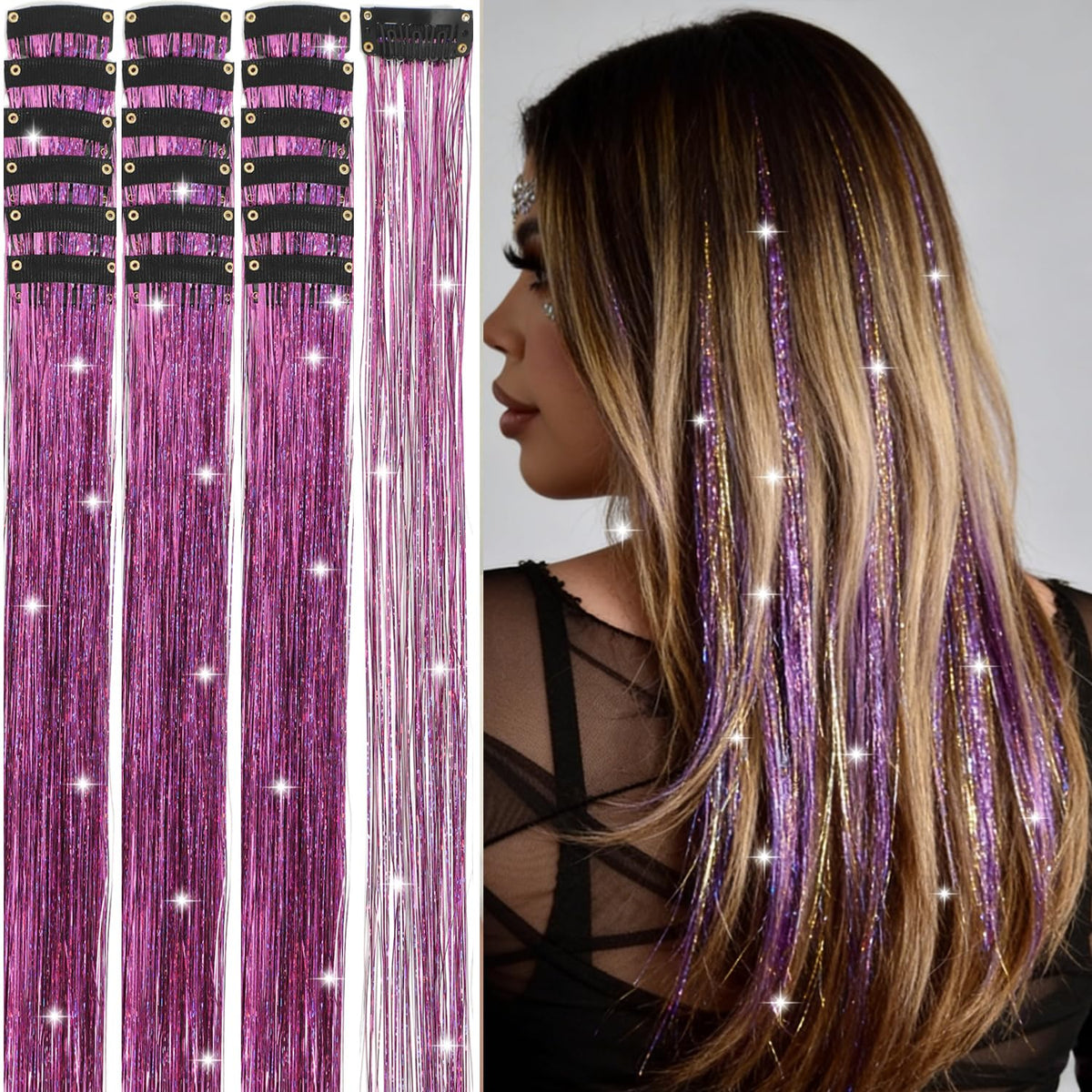 Hair Tinsel Kit 18 Pcs - Clip-In Fuller Sparkle, Heat Resistant Glitter Hair Extensions, Fairy Silver Hair Accessories for Women & Girls