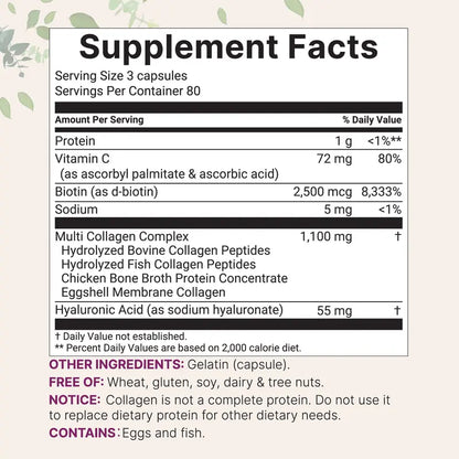 Multi Collagen Pills for Women & Men, 240 Capsules | Type I, II, III, V, X | Non-GMO, Filler Free