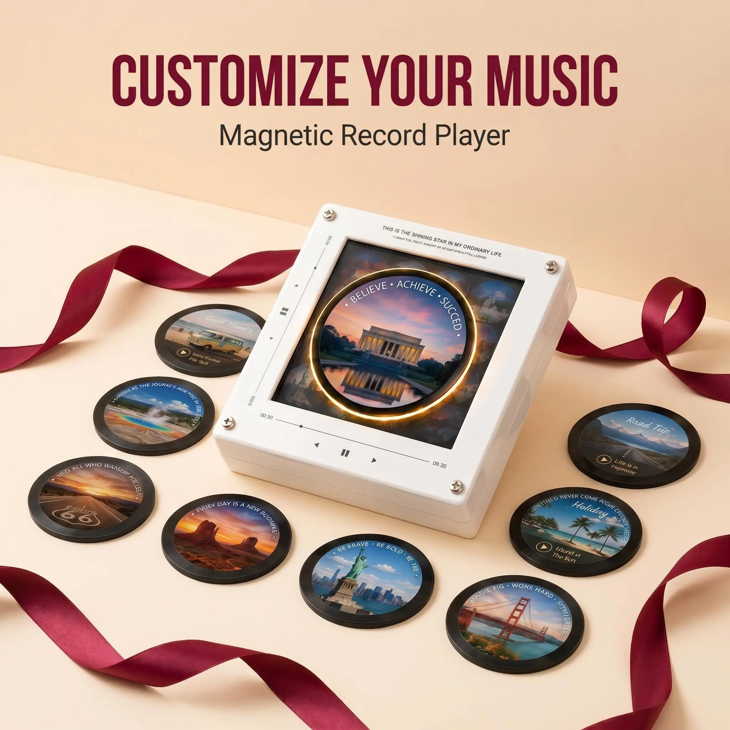 Magnetic Vinyl Speaker Fridge Magnet with 9 Swappable Discs - Retro Acrylic Record Player, Home Decor Gift