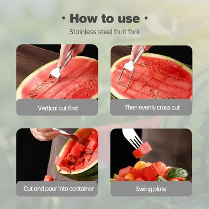 2-in-1 Stainless Steel Watermelon Fork Slicer Cutter – Cut, Cube & Eat in One Tool | 2pcs Set | Portable for Camping, Picnics & Home Use