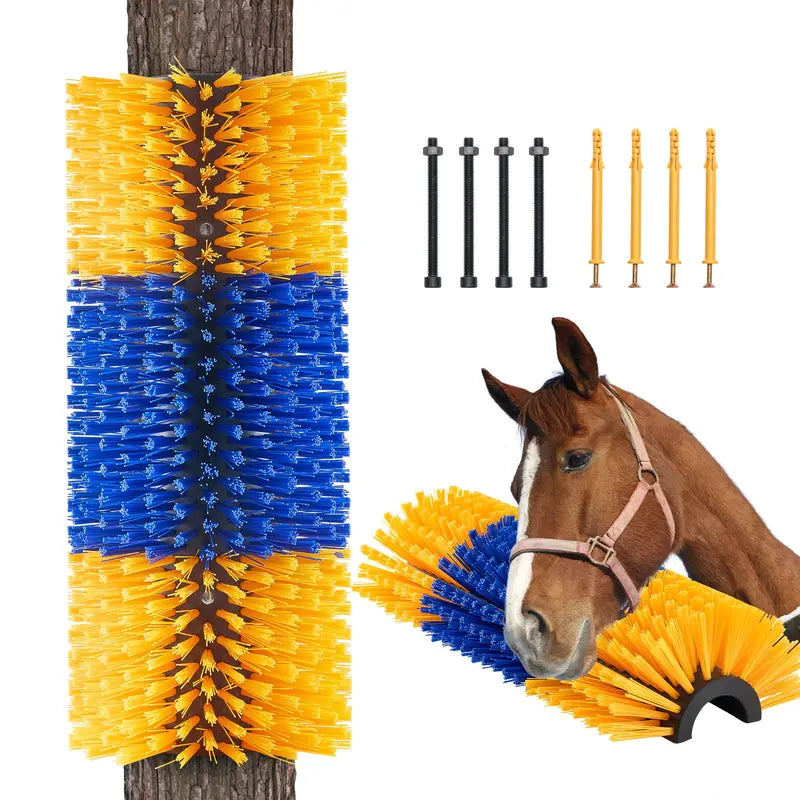 Livestock Scratching Brush with 2 Screws for Secure Mount, 17.1x7.5in Grooming Tool for Farmers - Back Itch Relief, Shedding Control, Cleaning, Avoids Property Damage (For Horses, Cattle)