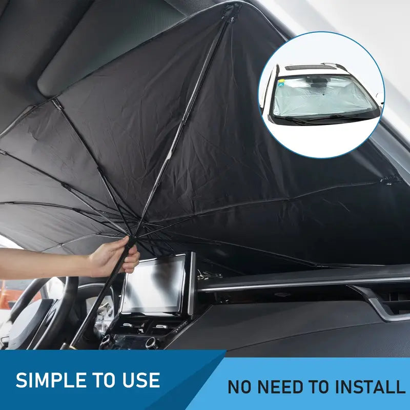 Umbrella-Style Car Windshield Sunshade – Holographic UV Block, No-Install Foldable, Reduces Cabin Temp to 87.8°F | Compact Sedan & Mid-Size SUV