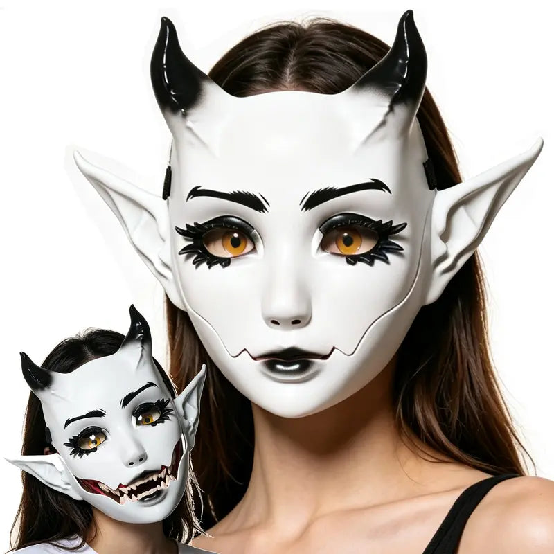 3D Moving Mouth Demon Full-Face Mask, Horned Elf Halloween Cosplay Mask