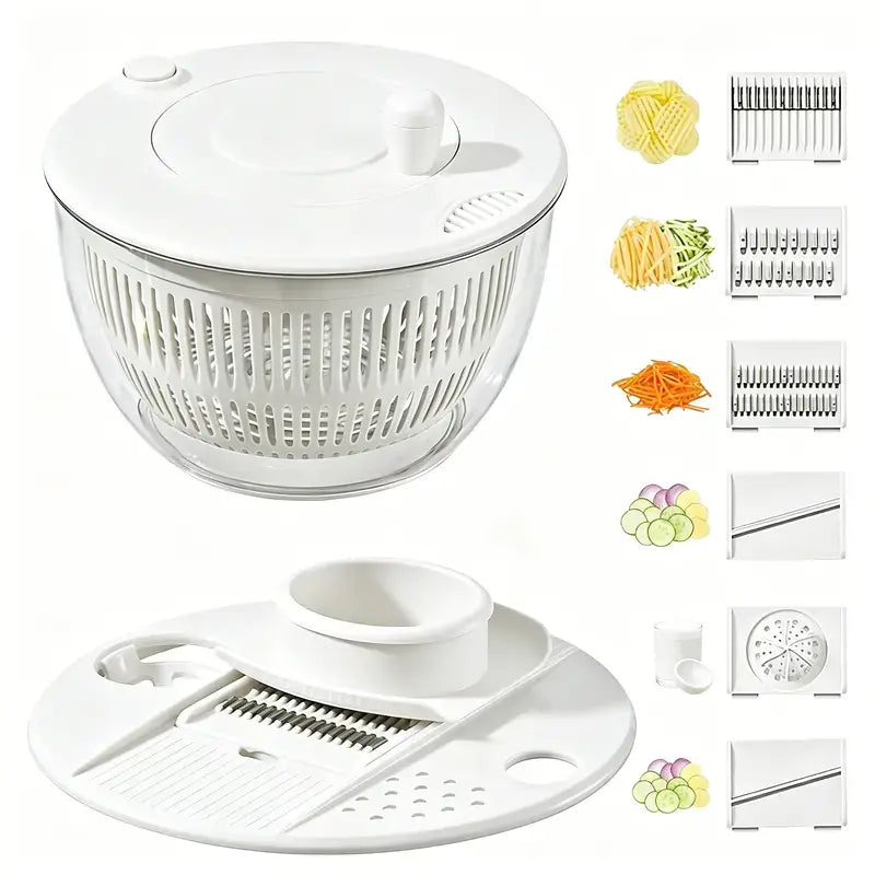 UFORU Large 3-in-1 Salad Spinner, Vegetable & Fruit Washing Bowl with Strainer, 5-Blade Slicer, 5.3 Qt