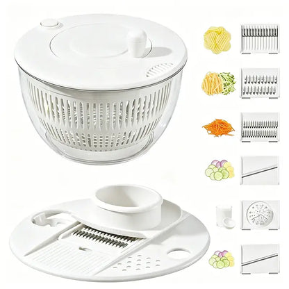 UFORU Large 3-in-1 Salad Spinner, Vegetable & Fruit Washing Bowl with Strainer, 5-Blade Slicer, 5.3 Qt