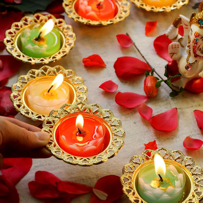 Golden Metal Diwali Diya Set 12PCS - Reusable Oil Lamps for Puja, Indian Wedding, Housewarming & Home Temple Decor