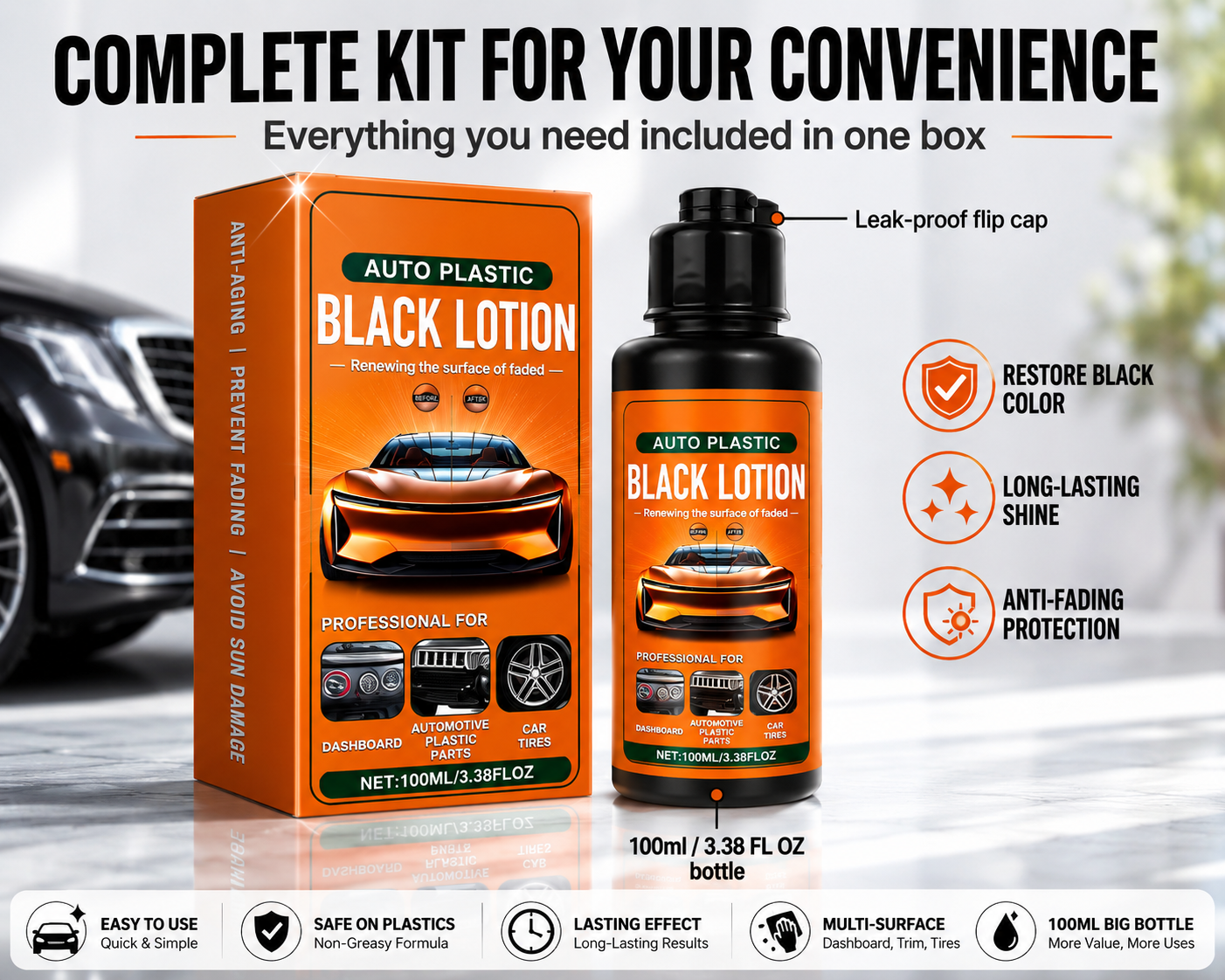 Auto Plastic Black Lotion Restorer 100ml – Dye-Infused Waterproof Formula, Removes Oxidation & Fading | Bumpers, Trim, Tires, Dashboard, Vinyl